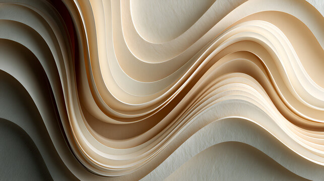 Abstract curved paper waves creating dynamic flowing lines and gradients in natural neutral tones, forming elegant organic shapes for a modern background design