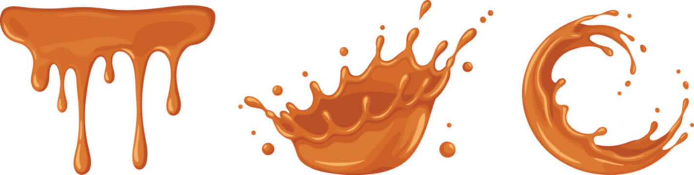 Caramel or honey drip and splash collection with splatter dripping abstract isolated illustration movement