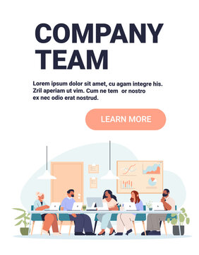 Company team business meeting collaboration diverse people working together at office table laptops charts plants modern workspace web banner