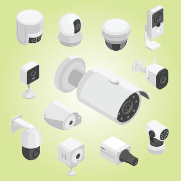 Isometric security camera face recognition technologies street outdoor surveillance cameras cctv digital tools for protection flawless vector set