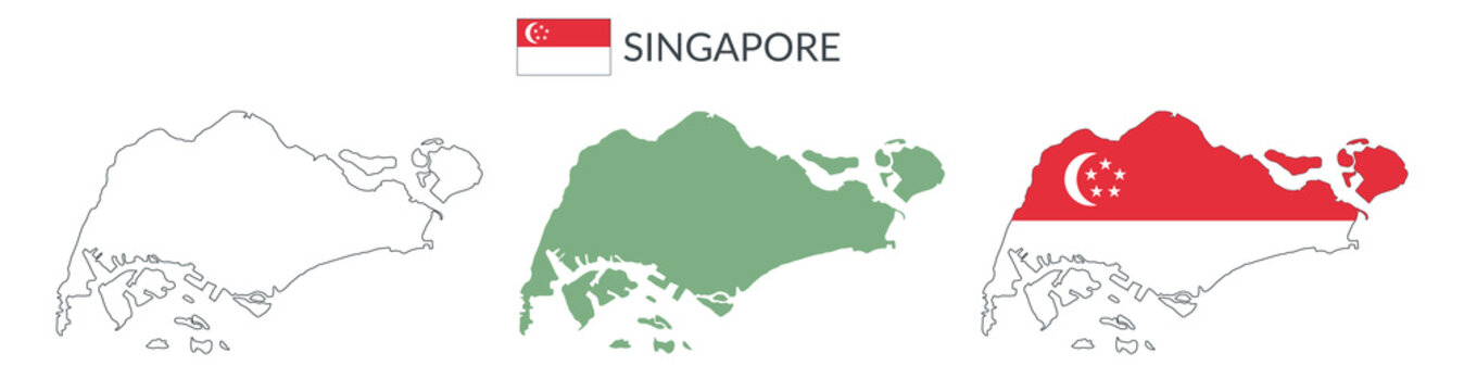 Singapore geographical borders isolated on white background. Flag of Singapore. Vector flat cliparts.