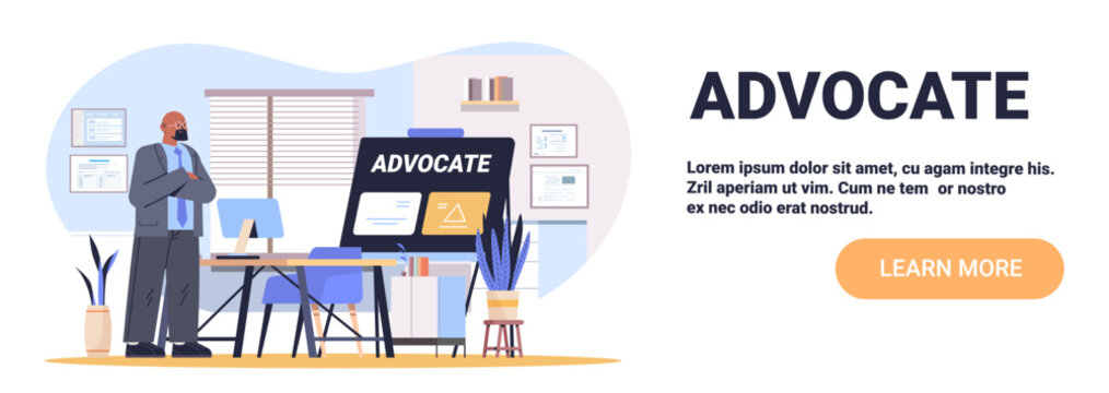 Advocate business concept professional man office workspace modern interior desk computer documents plants website banner