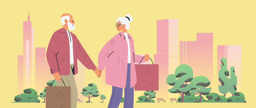 Senior couple shopping cityscape urban park background holding hands shopping bags modern flat design banner