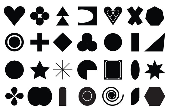 Black Abstract and vector basic shapes collection. 
Geometric formal shape. Polygonal elements in solid. Trendy minimalist basic figure, diamond, circles, hexagon, star, triangle flat illustration.
