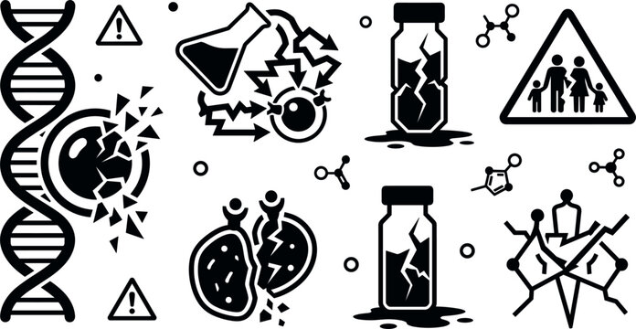 Genetic Mutation and Biohazard Crisis Vector Icon Set Featuring Damaged DNA Strands, Broken Chemical Vials, Cell Destruction, and Toxic Exposure Warnings