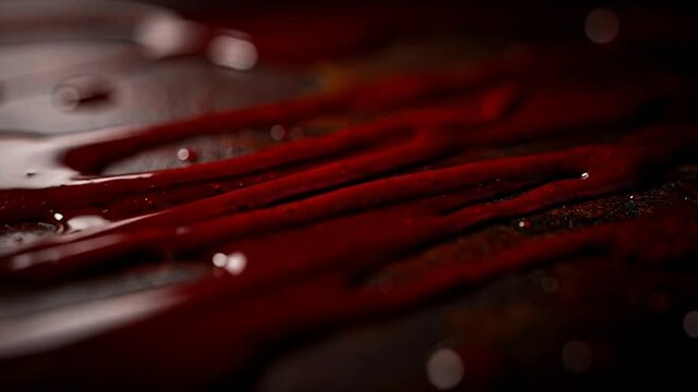 Close-up of Red Liquid Droplets and Surface Texture