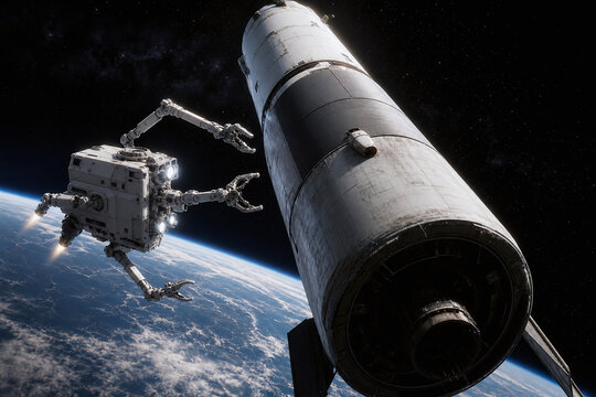 Robotic servicer approaches tumbling rocket body in orbit