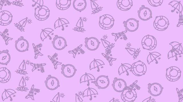 Pink eiffel tower pattern with lifebuoy, sailboat, umbrella, compass icons. Ideal for travel, summer, nautical themes, and fashion designs.