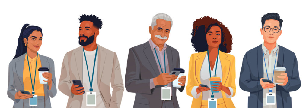 Business team diversity professional colleagues holding coffee and smartphones office attire ID badges group portrait white background