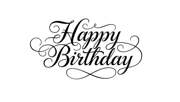 Elegant happy birthday calligraphy lettering, black and white cursive typography, decorative greeting design for cards