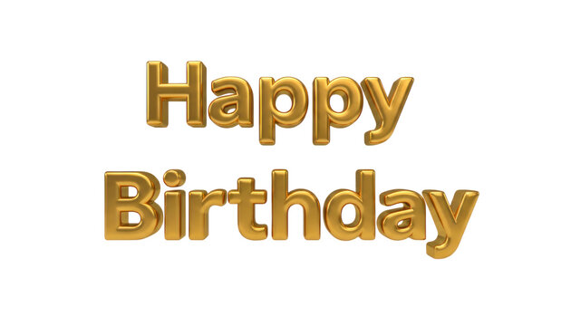 Gold metallic Happy Birthday text, 3D letter typography on white background, celebration greeting design for cards and banners