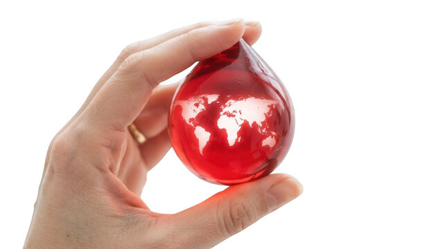 Hand holding a red drop shaped glass globe isolated on transparent background