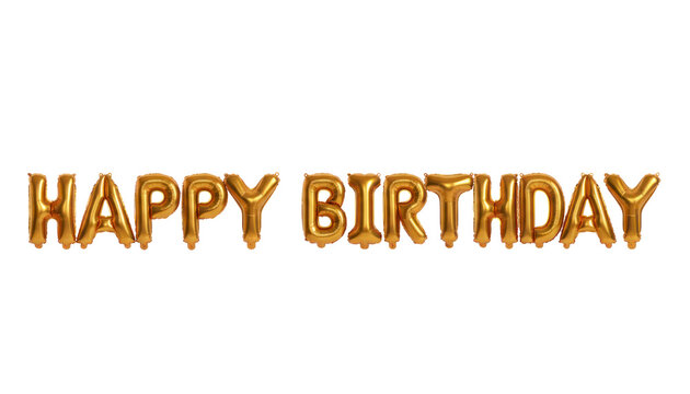 Gold balloon Happy Birthday text, metallic foil party lettering banner, festive celebration typography on white background