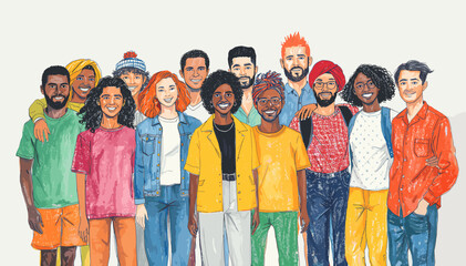 A diverse group of smiling people from various backgrounds standing together, representing community and inclusivity.