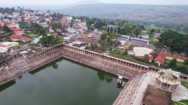 Aerial view of Melkote Kalyani temple tank showcasing heritage and symmetry beauty