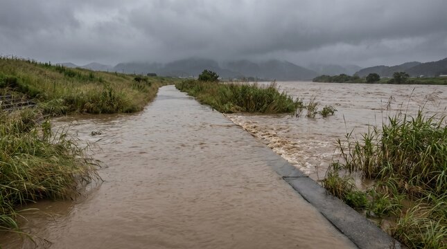 豪雨で水没した河川敷の遊歩道 洪水・増水・防災イメージ