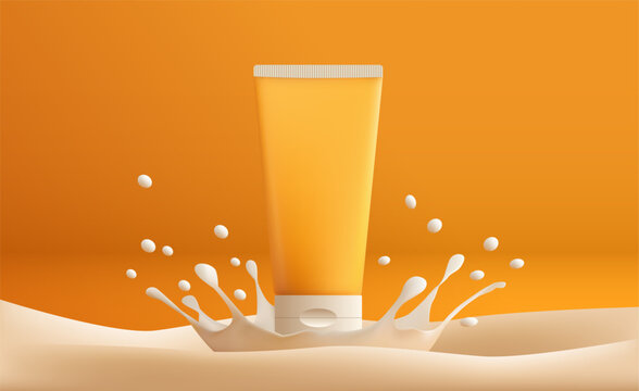 Cosmetic tube skincare product milk splash orange background clean minimal design beauty wellness body care