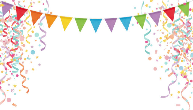 Colorful party bunting and confetti on white, festive celebration banner background, birthday or event decoration