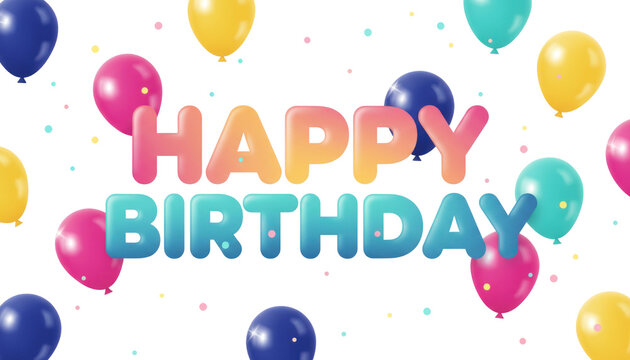 Colorful happy birthday text with balloons, festive party banner background, bright celebratory greeting design