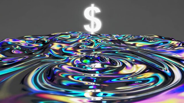 Colorful liquid surface with ripples and a glowing dollar sign symbolizing wealth and finance, captured in a dynamic sequence of three frames showcasing movement