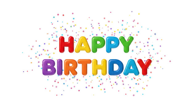 Colorful happy birthday text, rainbow 3D lettering with confetti dots. Festive birthday greeting design on white background