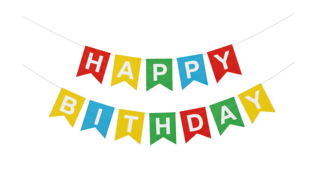 Colorful Happy Birthday banner garland, festive party decoration with multicolor pennant flags, holiday celebration background