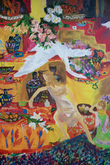 Fototapeta premium Poor sacrificer at the pagan altar. Genre original painting. Ancient Mediterranean colorful fine art illustration. Oil on canvas brush strokes texture.