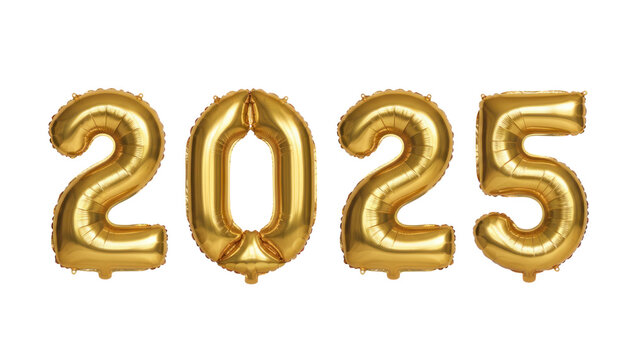 Gold foil balloon 2025 numbers, metallic party decoration isolated on white, New Year 2025 celebration banner