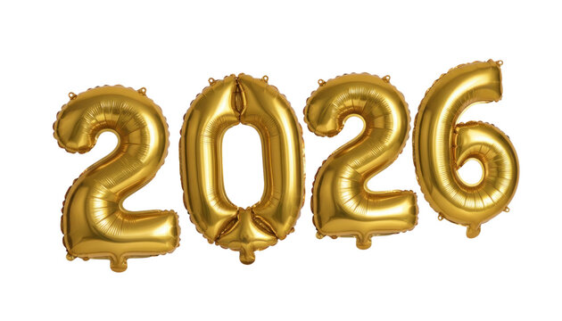 Gold 2026 balloon numbers, metallic foil inflated numeral decoration isolated on white for New Year celebration banner