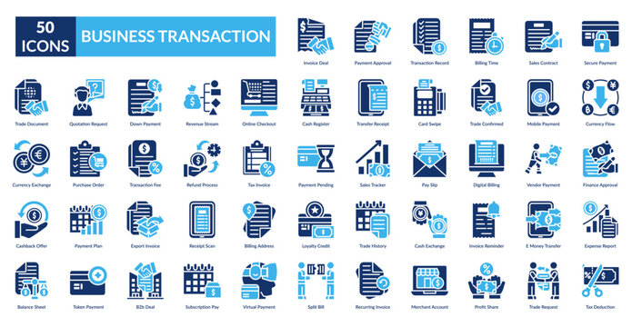 Business Transaction Fill Icon Set. Agreement, Approval, Balance, Banking, Bill, Budget, Business