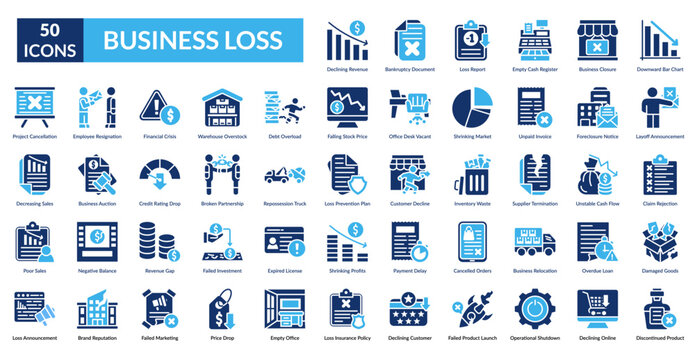 Business Loss Fill Icon Set. Bankruptcy, Closure, Crisis, Debt, Decline, Delay, Discontinued