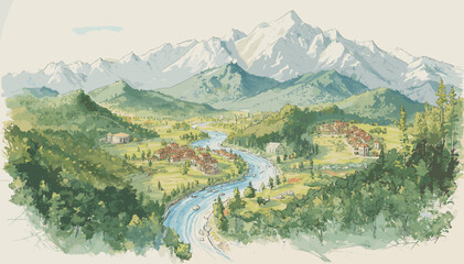 A beautiful watercolor painting showcasing a serene mountain valley with a winding river, lush green forests, and charming villages nestled amidst the majestic snow-capped peaks. © pria