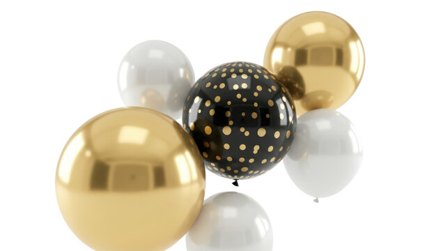Glossy metallic spheres, gold chrome balls and black glitter orb, abstract 3D geometric still life on white background