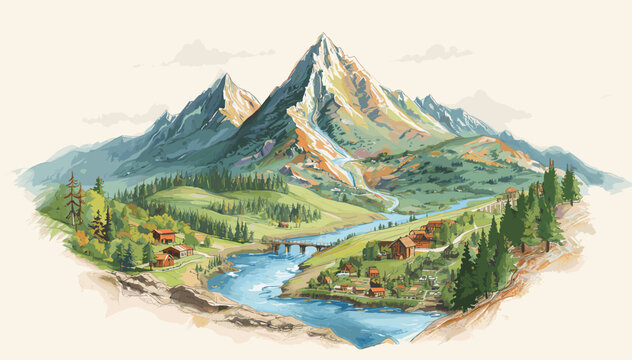 Detailed watercolor illustration of a serene mountain landscape with a winding river, lush green valleys, small villages, and a bridge under clear skies.