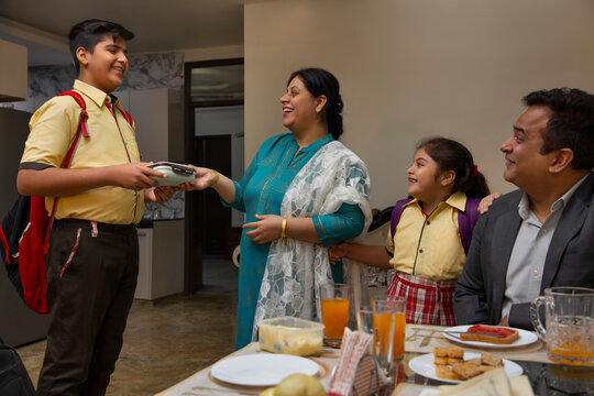 Mother giving lunch box to her son before school
