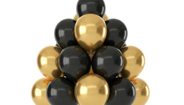 Luxury black and gold balloons cluster, glossy metallic party decoration, elegant celebration balloon bouquet on white