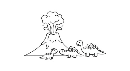 Friendly dinosaurs standing near a smiling erupting volcano © Patrick