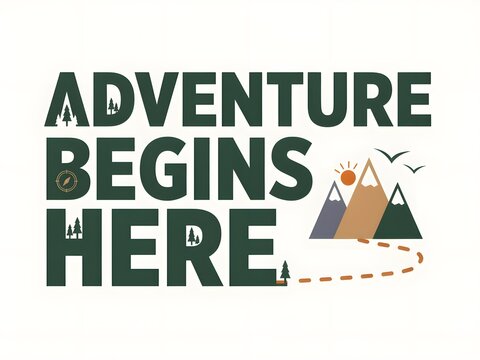 Adventure begins here mountain landscape with sun birds and compass outdoor journey concept.