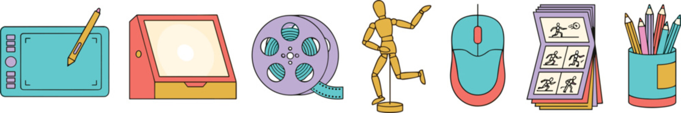 Digital Animation and Studio Art Production Vector Icon Set Featuring Graphics Tablet, Light Box, Film Reel, Drawing Mannequin, Computer Mouse, Storyboard Book, and Pencil Holder