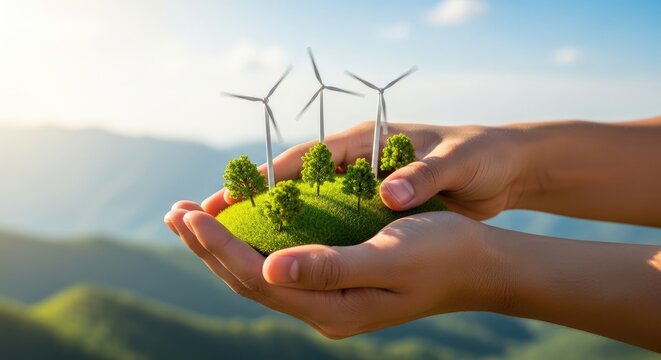 Hands holding miniature wind turbines on green grass patch under blue sky for World Ozone Day concept