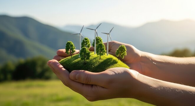 Cupped hands holding a green grassy mound with miniature wind turbines and trees for sustainable ozone preservation