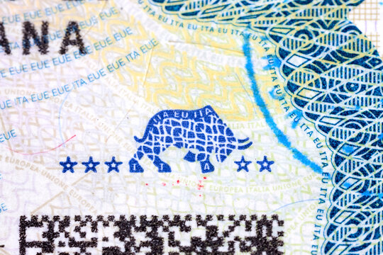 Macro texture of Italian Schengen visa sticker showing official blue bull emblem with stars and intricate microtext security patterns for identity protection.