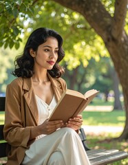 Fototapeta premium Young Woman Reading a Book on a Park Bench Under a Tree.
