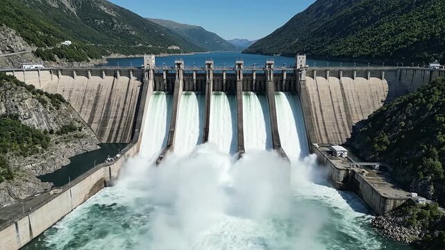 Aerial View Of Hydroelectric Dam Releasing Water Surrounded By Mountains And Clear Blue Skies Powering Renewable Energy Generation