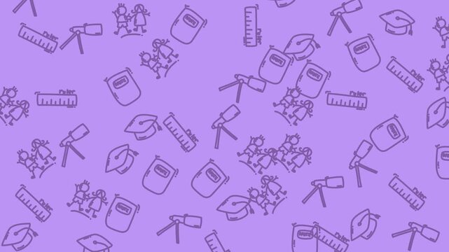 Purple schoolthemed pattern with icons such as rulers, graduation caps, telescopes, backpacks, and student figures suitable for education designs.