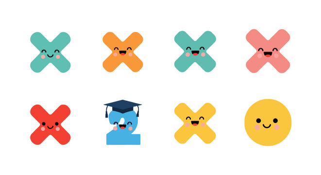 Colorful cute characters with faces featuring symbols and numbers