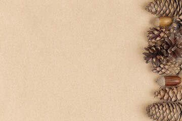 Autumn pine cones border on craft paper background creating commercial copy space banner © Nazar