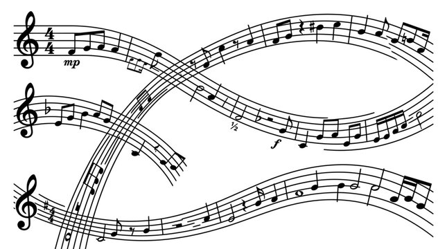 Musical notes on wavy staff lines, flowing black sheet music melody, curved pentagram with treble clef and rhythmic notation vector isolated on White Background flat vector eps silhouette