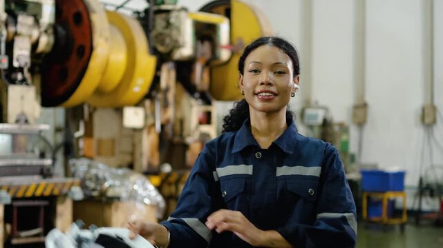 Confident Black female factory worker in a dark blue uniform takes off her white hard hat, smiles, and crosses her arms in a heavy industrial manufacturing plant. Portrait of a proud engineer.
