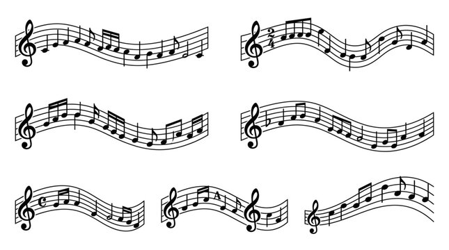 Musical notes on wavy staff lines, black music notation vector set, classical melody stave collection for song composition and sound design isolated on White Background flat vector eps silhouette